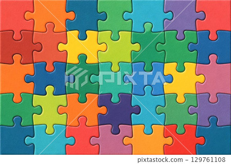 Colorful jigsaw puzzle pieces connected in abstract pattern background for brain teasers and creative games. concept of puzzle solving, brain activity, children's educational toy 129761108
