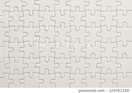 Simple white puzzle pieces interlocking on a neutral background. concept of problem solving, strategy planning, educational game, teamwork, and creativity. 129761109