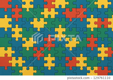 Colorful puzzle background with interlocking pieces in a simple composition. concept of problem solving, creativity, game play, fun activity. 129761110