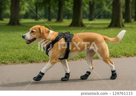 Dog walking in park wearing harness and boots, enjoying nature on a sunny day. concept of urban pet adventure, canine health, outdoor exercise 129761115