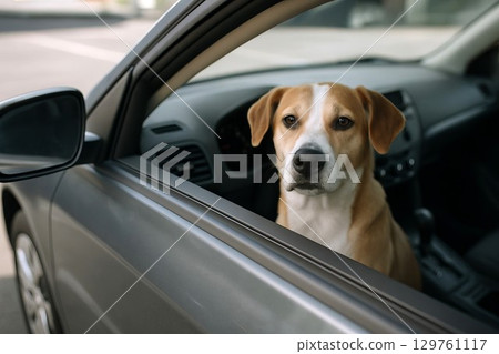 Dog sitting in a car's front seat looking out the window in urban environment. concept of pet travel, canine companionship, city adventure 129761117