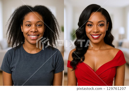 Before and after date night transformation of young african american woman smiling with glamorous makeup and hairstyle indoors. concept of beauty, self-care, personal style 129761207