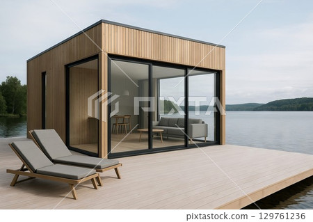 Modern wooden modular lake house with large glass windows overlooking serene waters. concept of tranquil living, contemporary architecture, nature retreat. 129761236