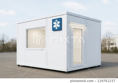 Small Modular medical clinic prefabricated building with medical symbol. concept of portable healthcare facility, temporary medical structure, mobile clinic 129761237