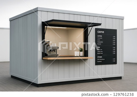 Modular outdoor cafe with simple menu offering coffee and tea variety in a contemporary setting. concept of casual dining, quick service, modern cafe aesthetic 129761238