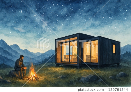 Modular home in the mountains under a starry night sky with a man sitting by a campfire. concept of nature retreat, modern architecture, peaceful mountain living. 129761244