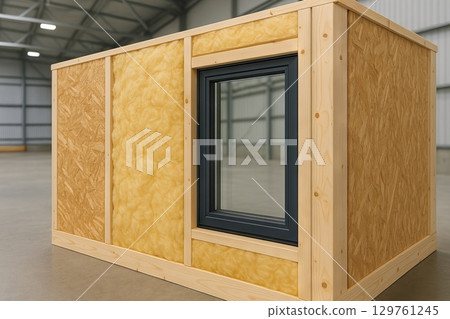 Modular wooden house inside industrial warehouse setting featuring insulating materials and large window. concept of modern architecture, prefabricated housing, innovative design. 129761245