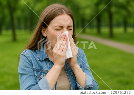 Woman sneezing in park on a sunny day concept of allergies, outdoor activity, seasonal health 129761252