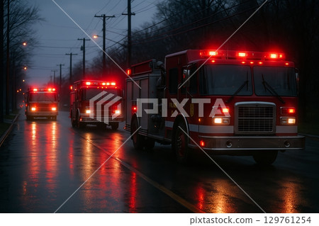 Fire trucks on the road with flashing red lights at dusk on a wet street. concept of emergency response, nighttime rescue operations, urgent mission. 129761254