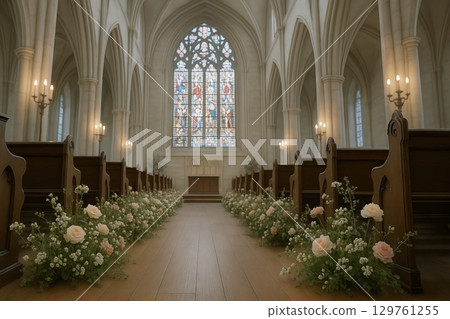 Beautiful flowered aisle in a cathedral with intricate stained glass window and elegant architecture. concept of wedding venue, church decor, floral arrangements. Beautiful flowered aisle in a cathedral with intricate stained glass window and elegant architecture. concept of wedding venue, church decor, floral arrangements. 129761255
