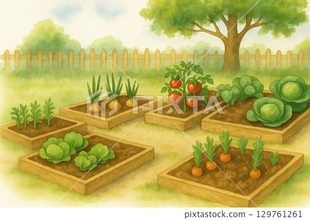 Watercolor vegetable garden with tomatoes, lettuce, and carrots in wooden raised beds on a sunny day. concept of home gardening, organic farming, nature. 129761261