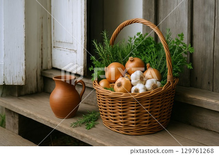 Rustic home vegetable basket with onions, garlic, and herbs on wooden porch for fresh kitchen ingredients and country cooking inspiration 129761268