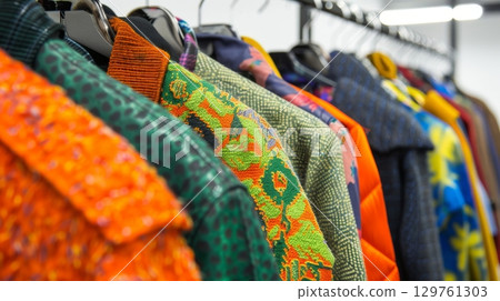 Close up view of colorful boutique clothing rack showcasing vibrant patterned jackets and coats. concept of fashion, apparel selection, retail display. 129761303