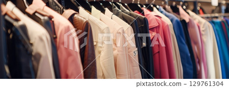 Colorful clothing store display rack with stylish jackets and coats in a fashion boutique. concept of fashion shopping, garment display, stylish apparel selection, copy space, banner 129761304