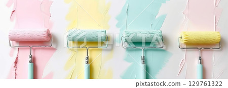 Colorful Paint Rollers with Pastel Shades on White Background with colorful paint strokes. Concept of Interior Design, Creative Art Projects, Paint Supplies, Pastel Colors for Home Renovation 129761322