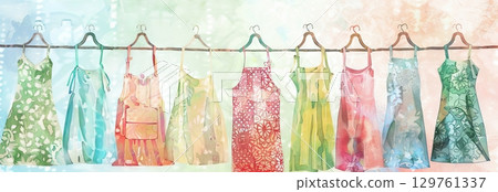 Watercolor illustration of a row of vibrant aprons hanging on a line against a soft pastel background. concept of kitchen decor, domestic life, artistic apron design. banner 129761337
