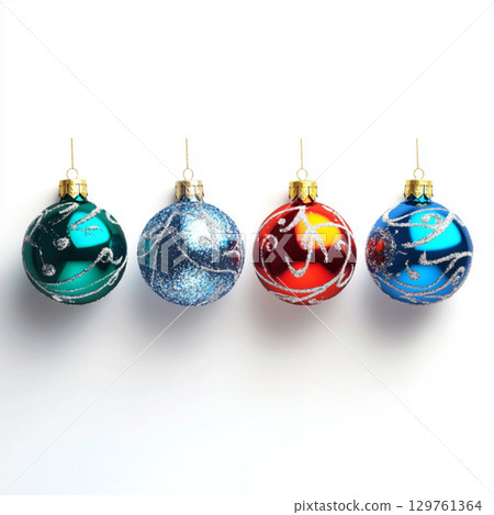 colorful Christmas tree toys on white background. Clipart with balls for text . Wallpaper for design 129761364