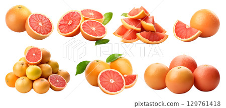Grapefruit grapefruits citrus, many angles and view side top front sliced halved group cut isolated on transparent background cutout, PNG file. Mockup template for artwork graphic design 129761418