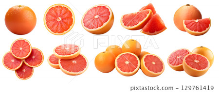 Grapefruit grapefruits citrus, many angles and view side top front sliced halved group cut isolated on transparent background cutout, PNG file. Mockup template for artwork graphic design 129761419