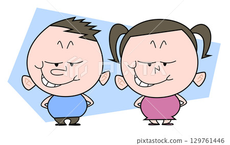 Chubby boy and girl grinning with their arms behind their backs 129761446
