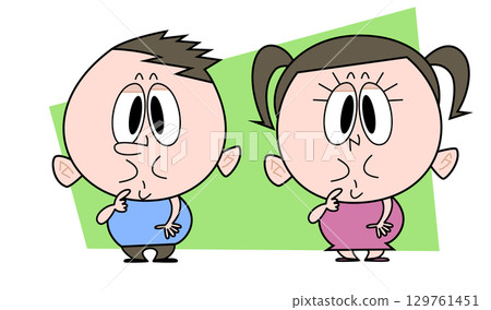 A chubby boy and girl staring at something 129761451