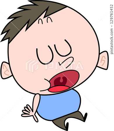 一個胖男孩張著嘴坐著 129761452