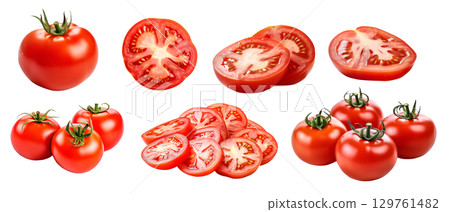 Red tomato tomatoes, many angles and view side top front sliced halved bunch cut isolated on transparent background cutout, PNG file. Mockup template for artwork graphic design Red tomato tomatoes, many angles and view side top front sliced halved bunch cut isolated on transparent background cutout, PNG file. Mockup template for artwork graphic design 129761482