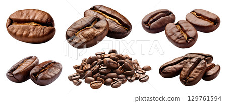 Roasted coffee beans, group stack heap front view on transparent background cutout, PNG file. Many assorted different design angles. Mockup template for artwork 129761594