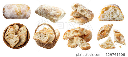 Ciabatta baguette Italian white bread bun loaf slice on transparent cutout, PNG file. Many assorted different angles, stack, basket, pile, slice, torn. Mockup template for artwork design 129761606