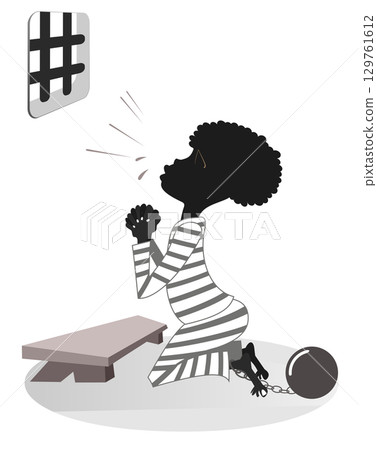 African prisoner prays in the kneel.  Cartoon African prisoner behind bars prays in the kneel and asks for forgiveness and freedom 129761612