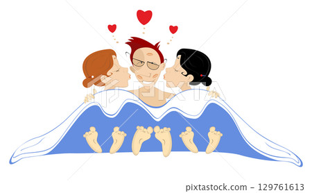 All you need is love. Love rendezvous in the bed. Two women kiss confused and happy man. Three happy people make love under a blanket. Heart symbols All you need is love. Love rendezvous in the bed. Two women kiss confused and happy man. Three happy people make love under a blanket. Heart symbols 129761613