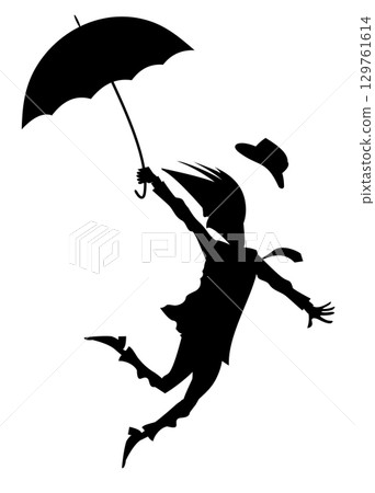 Man, umbrella, windy and rainy day.  Man with umbrella staying on the strong wind. Black on white background 129761614