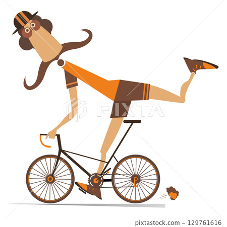Cartoon man rides a bicycle. Cyclist. Funny long mustache man in the helmet rides a bike. Isolated on white background Cartoon man rides a bicycle. Cyclist. Funny long mustache man in the helmet rides a bike. Isolated on white background 129761616