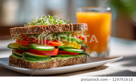 Healthy vegetarian sandwich with fresh vegetables and multigrain bread, served with juice 129761618