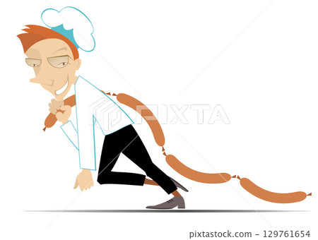Happy cook holds sausages.  Smiling cook dragging appetite sausages on the shoulder. Isolated on white background 129761654
