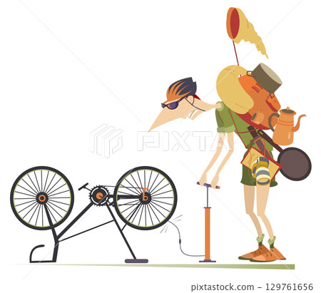 Cycling traveler. Broken bicycle. Cycling traveler inflates the wheel on the bicycle. Cyclist repairs the bicycle. Isolated on white background 129761656