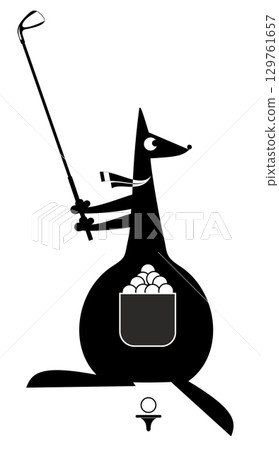 Cartoon kangaroo plays golf. Funny kangaroo tries to do a good shot. Black and white illustration Cartoon kangaroo plays golf. Funny kangaroo tries to do a good shot. Black and white illustration 129761657