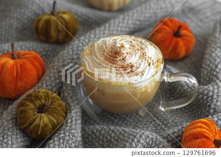 Cozy pumpkin latte with whipped cream and spices on an gray knitted fabric background. Cozy pumpkin latte with whipped cream and spices on an gray knitted fabric background. 129761696