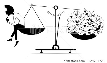 Businesswoman. Scales. Success. Money. Thinking man sitting on the scale and turns ideas into money. Black and white illustration Businesswoman. Scales. Success. Money. Thinking man sitting on the scale and turns ideas into money. Black and white illustration 129761729