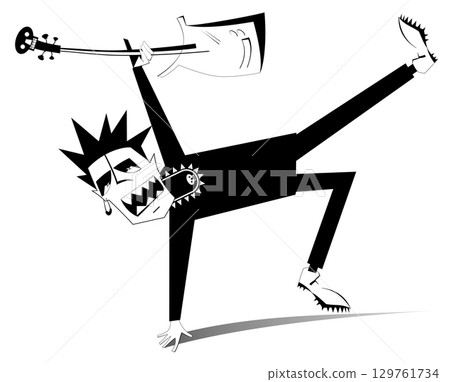 Cartoon singing guitar player.  Singing guitarist holds electric guitar. Black and white illustration 129761734