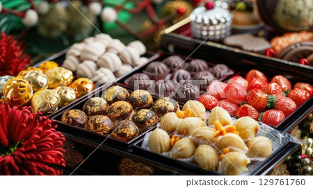 A colorful assortment of traditional Taiwanese sweets displayed on a black tray. The sweets include various shapes and colors, showcasing festive decorations, Double Tenth Day A colorful assortment of traditional Taiwanese sweets displayed on a black tray. The sweets include various shapes and colors, showcasing festive decorations, Double Tenth Day 129761760