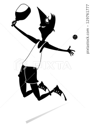 Happy young man playing pickleball. Pickleball court. Jumping man with pickleball racket happy to make a good shot. Black and white illustration Happy young man playing pickleball. Pickleball court. Jumping man with pickleball racket happy to make a good shot. Black and white illustration 129761777