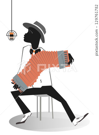 African man playing accordion and singing. African musician playing accordion and singing to microphone. Isolated on white background African man playing accordion and singing. African musician playing accordion and singing to microphone. Isolated on white background 129761782