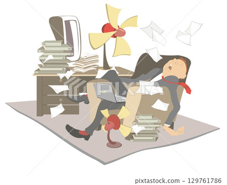 Heat in the office. Office, businessman, fans cooling air. Tired man in the office laying in the armchair trying to escape from the heat using two fans 129761786
