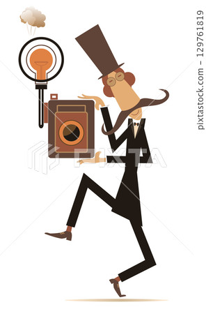 Funny photographer. Retro camera. Cute long mustache man with a retro camera making a shot	 129761819