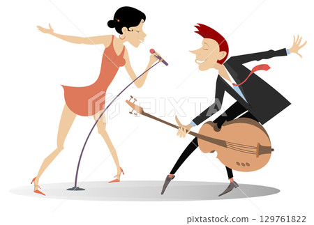 Duet of guitarist man and singer woman. Couple musicians. Man plays guitar and singer woman sings to microphone. Isolated on white background Duet of guitarist man and singer woman. Couple musicians. Man plays guitar and singer woman sings to microphone. Isolated on white background 129761822