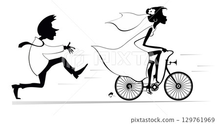 Married wedding couple. Bride rides away from the bridegroom on the bicycle. Upset bridegroom trying to catch up a runaway bride on the bicycle bride. Black and white illustration 129761969
