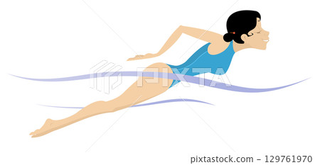 Swimming young woman. Colorful swimmer character illustration on white background. Active person. Sportswoman training in the pool. Healthcare, water sport concept 129761970