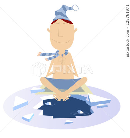 Winter swimming. Man. Ice hole. Funny man in scarf and hat meditates sitting near the icy water and looks healthy and happy. Isolated on white background 129761971