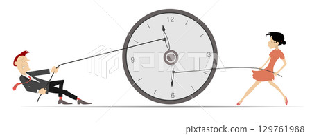Business team. Time concept. Deadline. Businessman and businesswoman using a rope to stop arrow on the clock. Pushing back hour concept. Teamwork 129761988